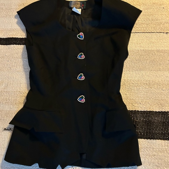 Tailored Black Button-Down Top with Rhinestone Buttons